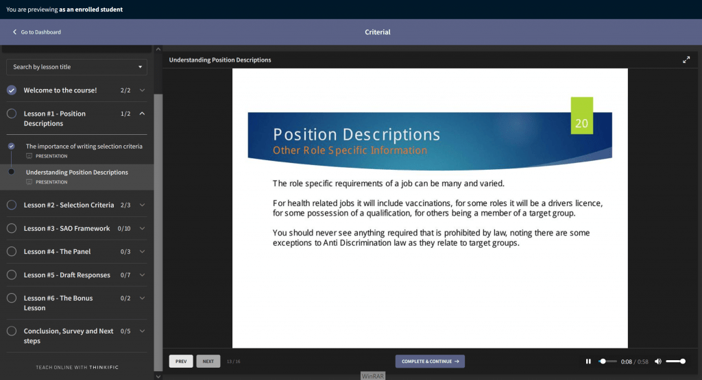 Criterial Course Completing Selection Criteria Understanding Position Descriptions