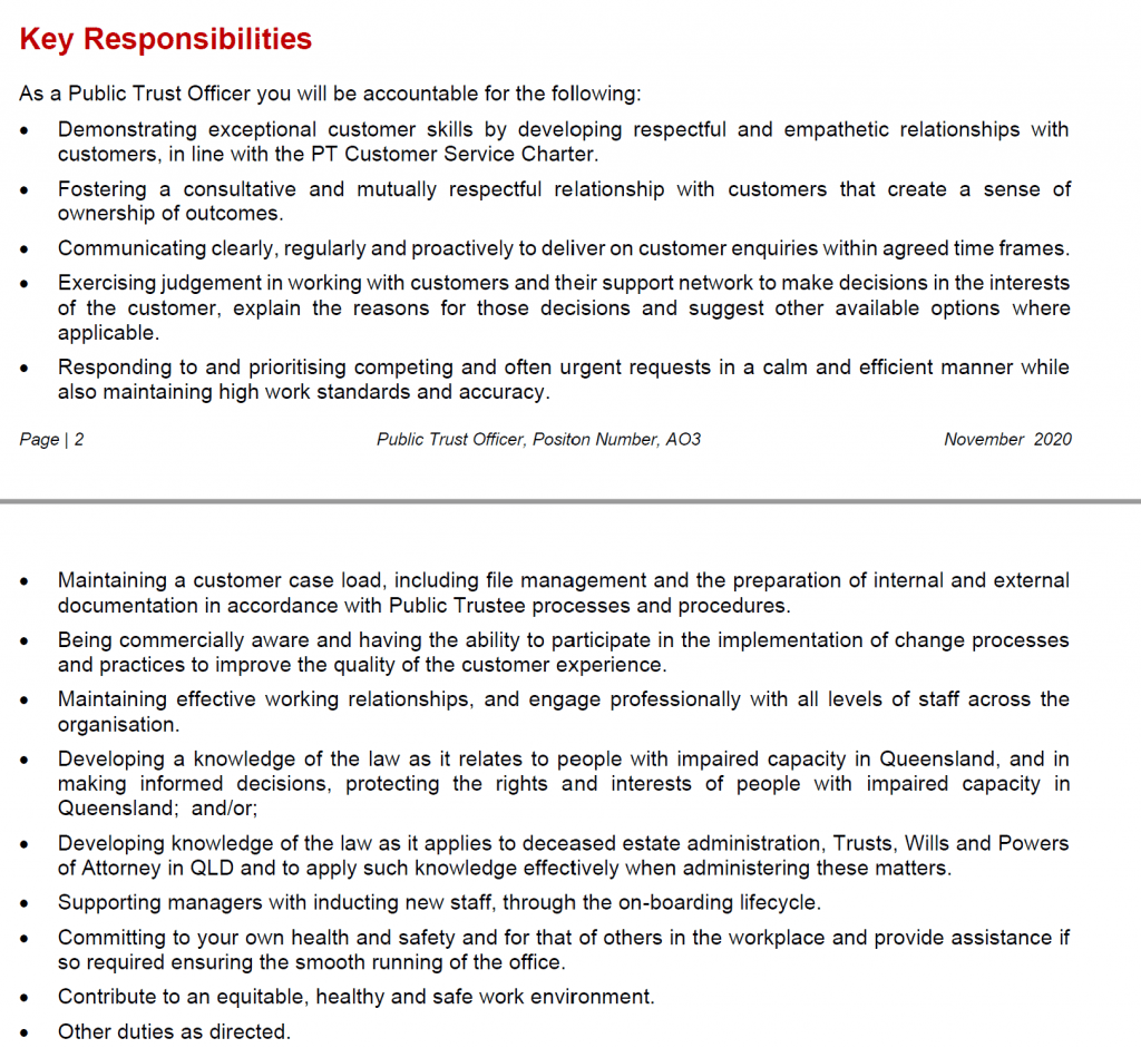 Example Key responsibilities for a public trust officer