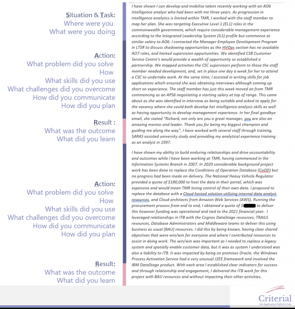 Selection criteria example showing STAR Method